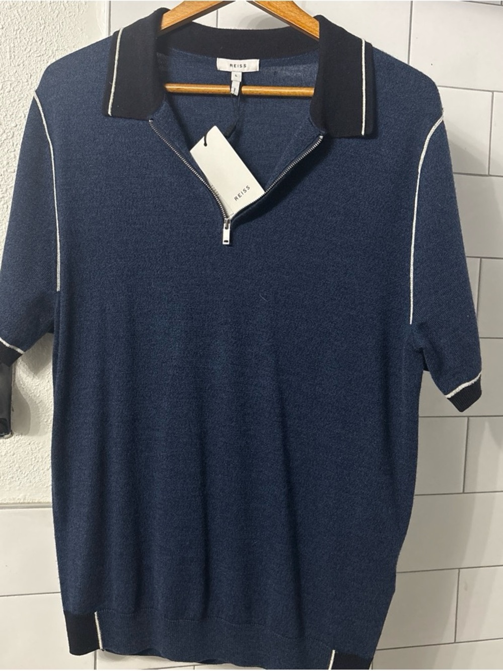 Reiss Navy Zip-Up Short Sleeve Polo with Black Contrast Collar
